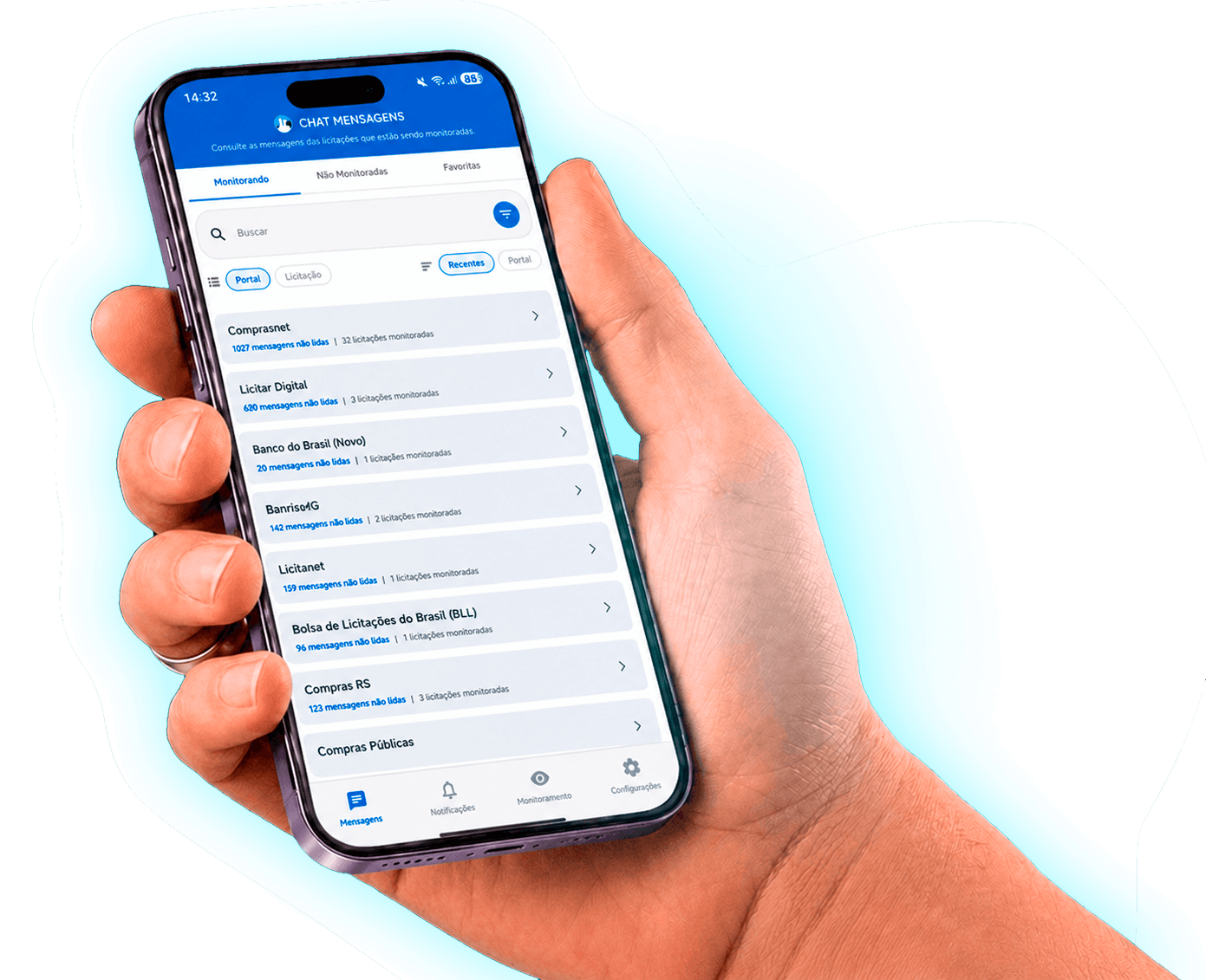 App eLicitaRadar4.0 mostrando lista de alertas de licitação
